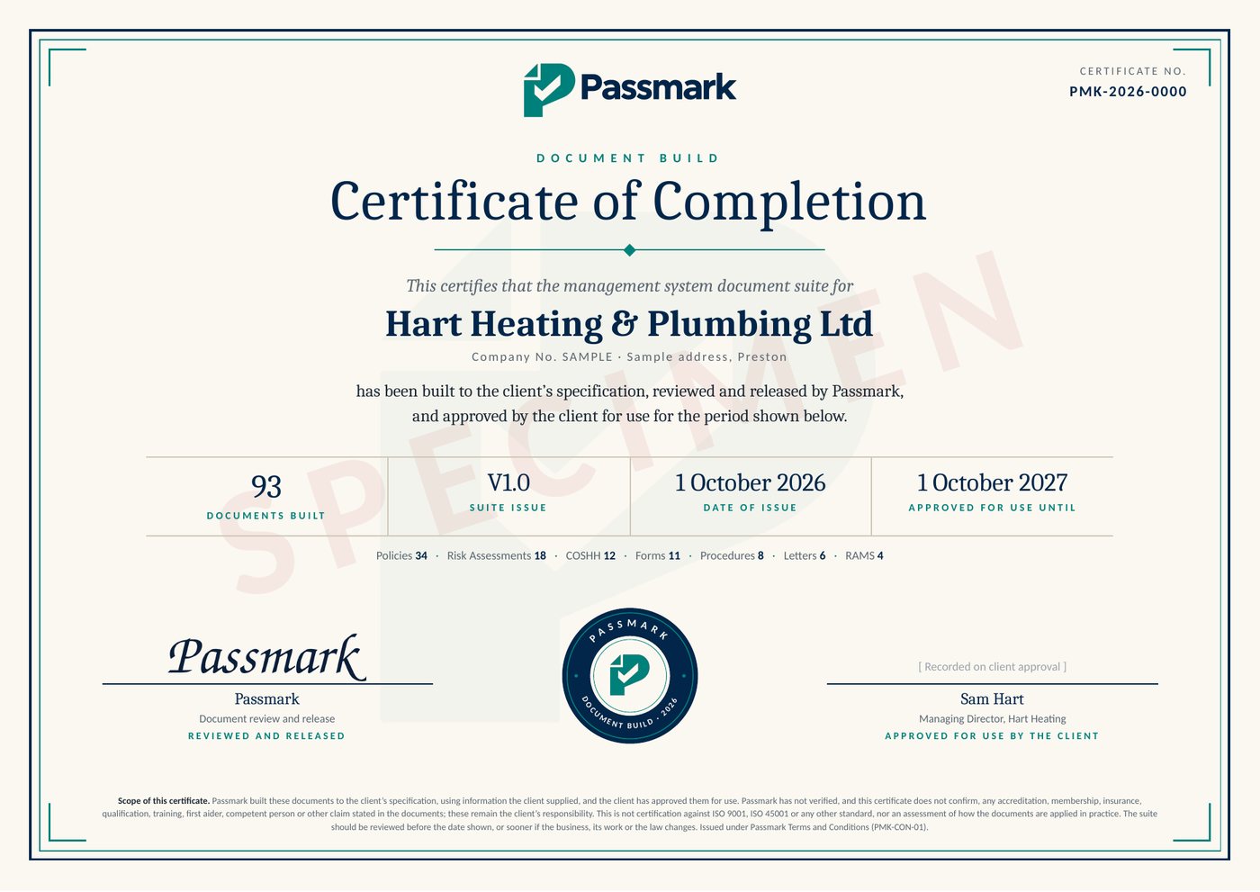 Example Passmark Certificate of Completion for a sample company, Hart Heating and Plumbing Ltd, marked specimen